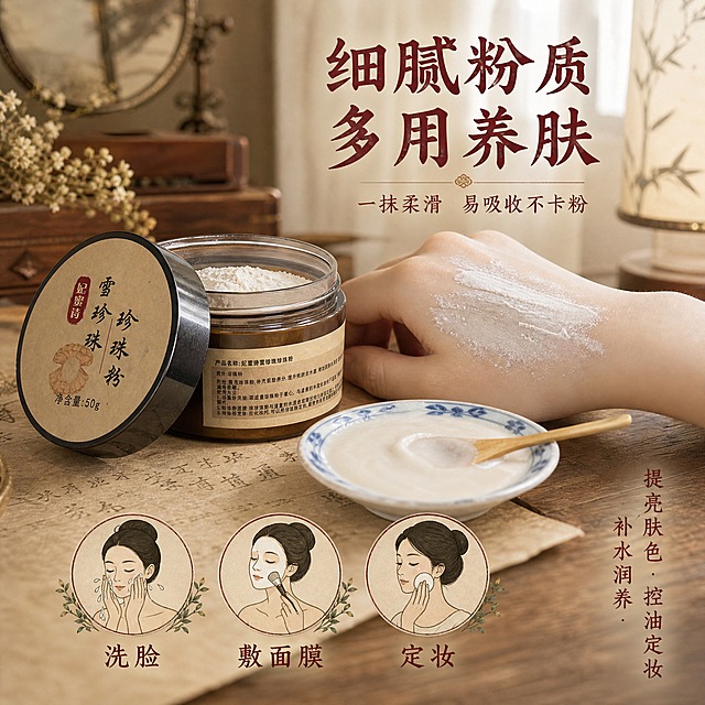 [主图-3] 质地与使用场景，展示珍珠粉细腻质地与多种使用方式。
[统一基调] 中药草本风格，古朴典雅，主色调为深棕红+米黄宣纸色+暗绿色点缀，主标题用书法宋体，辅助文字用简洁宋体，整体传递传统草本养肤的专业品质感。
[画面] 产品罐位于画面左侧，罐盖打开，占画面约35%。右侧展示使用场景：一只白皙女性手背上涂抹着细腻珍珠粉，展示粉质的细腻柔滑度；旁边有一个青花瓷小碟，碟中盛着调好的珍珠粉面膜糊，配一把小竹勺。背景为中式梳妆台场景虚化：古铜镜、木质梳妆盒、干花装饰、宣纸灯。下方用三个圆形小图标展示三种使用方法：左侧图标是洗脸动作+文字"洗脸"，中间图标是面膜刷+文字"敷面膜"，右侧图标是粉扑+文字"定妆"。
[光影质感] 柔和自然光从右侧窗户外透入，手背上的珍珠粉有细腻光泽，面膜糊呈现柔润质地，产品罐身有自然高光，整体温暖柔和，商业摄影质感。
[配色] 暖棕色木质背景，米黄色调为主，深棕红文字，珍珠白色粉质提亮，点缀少量暗绿色干花。
[文字版式] 画面上方右侧主标题大字"细腻粉质 多用养肤"，下方两行副标题"一抹柔滑 易吸收不卡粉"。底部三个圆形图标横向排列，每个图标下方对应使用方法名称。右侧空白处竖排三行小卖点"提亮肤色 补水润养 控油定妆"。文字均为深棕红色，主标题最大，说明文字缩小，放在负空间不遮挡产品和手部。
[输出要求] 1:1正方形，2048x2048，产品清晰不变形，手部自然无畸形，文字清晰可读，无错字，无水印，无平台Logo，无多余杂物。