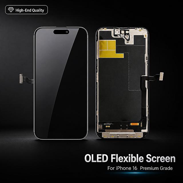 [主图-1] Product showcase: High-end quality OLED flexible screen display module for iPhone 16, premium product identification shot.
[Visual style] Ultra-premium digital tech aesthetic, deep black luxury tech style, clean and restrained, soft layered lighting, emphasizing flexible OLED panel thinness and glass transparency; main colors deep black + cool silver + subtle cyan tech accents, modern sans-serif bold font, white/silver high contrast titles, light gray secondary text, rounded thin stroke semi-transparent card style.
[Composition] Left side shows the complete phone screen assembly front view (sleek black off-state with Dynamic Island cutout at top, showing premium 2.5D curved glass finish with ultra-slim bezels); right side shows the back view with flexible OLED panel, thin flex cable, connector structure, metal shielding components and camera bracket; two items arranged side by side in balanced composition, occupying about 70% of the frame, floating above deep black gradient background with soft contact shadows at the bottom.
[Lighting & texture] Luxury commercial studio photography quality, main light from top-left 45°, delicate environmental reflection on front screen glass surface, razor-sharp highlight outlining curved glass edges, realistic metallic luster on back components and flex cable contacts, matte black bezel with silver frame, ultra-thin profile visible, soft natural shadows.
[Color palette] Deep black gradient background, black screen with subtle premium reflection, silver and cyan accents on internal components, white + light gray text hierarchy.
[Typography] Top-left subtle "High-End Quality" badge; bottom-right main title "OLED Flexible Screen", subtitle "For iPhone 16  Premium Grade", modern sans-serif bold font, main title largest size, subtitle reduced by over 50%, placed in bottom-right negative space not blocking product.
[Output requirements] 1:1 square aspect ratio, product sharp and clear, text legible, no distortion no typos, clean ultra-premium image; NO blur, cluttered background, watermark, platform logo, extra decorative elements.