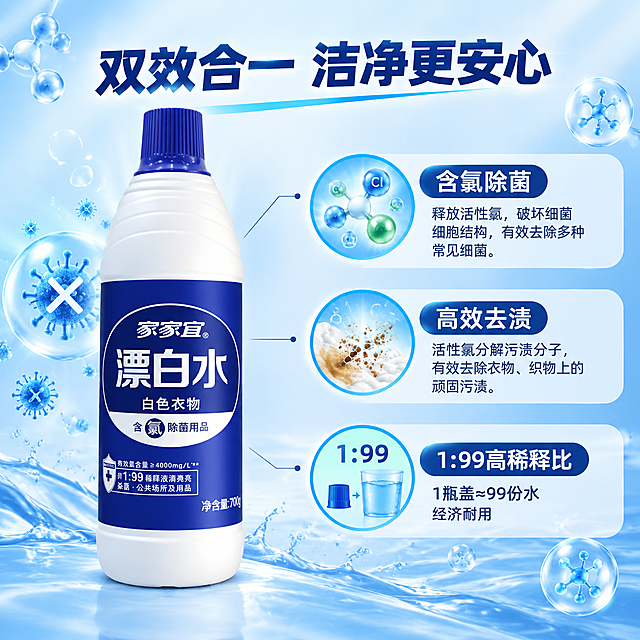[商品] 使用【图1】家家宜漂白水700g瓶装；保留白色瓶身、深蓝色瓶盖、蓝色标签、家家宜Logo、有效氯含量≥4000mg/L、1:99稀释液等所有包装文字和结构；商品处理：单瓶居中偏左展示，标签清晰可见。
[画面] 目标：功效解析页，讲解含氯除菌+去渍漂白双效原理和高稀释比优势。构图：左产品右信息，产品占画面45%；右侧用分子结构图标、除菌示意图、稀释比例示意图展示功效原理；景别：中景；信息载体：引线标注+功效图标+数据卡片；背景：浅蓝渐变，带有微观水分子和除菌粒子的抽象视觉元素。
[视觉] 套系策略：风格=洁净清爽功能型商业摄影；标题字=粗黑体；正文字=常规黑体；主色=深蓝；背景延展=浅蓝渐变背景，带有科技感的粒子和水波纹元素；强调色=亮青色，仅用于小面积功效图标和数据高亮；标题色=深蓝色；正文色=深灰色；组件=圆形功效图标、数据信息卡、细线引线；光影=正面柔光，产品清晰。
[文字] 顶部主标题："双效合一 洁净更安心"，横向居中；右侧3个功效模块："含氯除菌"配除菌图标，"高效去渍"配污渍分解图标，"1:99高稀释比"配比例示意图，标注"1瓶盖≈99份水 经济耐用"；每个模块有小标题和简短说明，文字全部横向排版，不遮挡产品。
[规格] 图片比例1:1，4K，负向提示：避免医疗化表述、绝对化用语、产品变形、文字过小。
