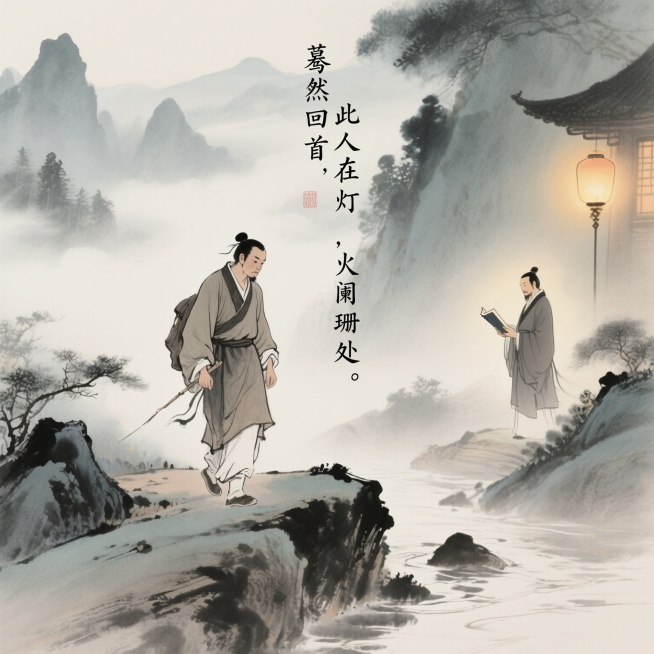 中国传统水墨画风格，画面左侧描绘一位身着古代布衣的男子，面带疲惫与失望，正跋山涉水后驻足，眼神迷茫地左顾右盼，背景是朦胧的山水，云雾缭绕；画面右侧灯火阑珊处，一位气质儒雅的君子身影若隐若现，手持书卷，预览效果