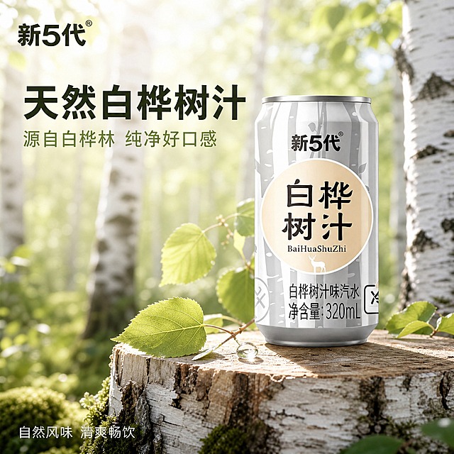 [主图-3] 单罐白桦林场景展示，突出产品天然来源与纯净品质感。
[统一基调] 整体风格清爽自然、品质感强，背景主色为浅米白与淡绿色调，标题字色为深棕绿色，辅助字色为浅橄榄绿，强调色为银白色；字体为现代无衬线粗体，字形干净利落；卡片与图标采用圆角轻薄样式，整体通透不厚重。
[画面] 画面中央偏右位置展示单罐白桦树汁味汽水，放置在一块浅色原木树桩上，罐体完整直立，外观、颜色、标签文字与输入产品图完全一致。背景为虚化的白桦林场景，白色树干带有黑色纹理，阳光从树叶间洒落形成斑驳光影，地面有绿色苔藓与小草，整体景深虚化突出主体。罐体旁侧有几片新鲜白桦叶自然散落，树桩上有一滴晶莹水珠。产品占画面约55%。
[光影质感] 商业摄影质感，自然林间柔光从左上方透过树叶照射，形成丁达尔光效，罐身金属面有柔和高光，树桩有木质纹理细节，叶片通透有叶脉，底部有自然接触阴影，整体氛围清新自然，有森林呼吸感。
[配色] 背景白桦林自然色调（白、浅绿、米棕），罐体银白与米金标签自然呈现，文字深棕绿色，整体色调自然和谐，清爽不艳俗。
[文字版式] 左上角放置品牌Logo"新5代®"。画面左上方主标题大字"天然白桦树汁"，下方小字辅助文案"源自白桦林 纯净好口感"。画面底部左侧小字"自然风味 清爽畅饮"。所有文字横排，放在负空间，不遮挡罐体主体。
[输出要求] 1:1正方形比例，2048×2048像素，文字清晰可读，产品罐体完整不变形，场景自然真实有氛围感。禁止出现平台Logo、水印、错字、模糊、杂乱元素、悬浮感、罐体变形、标签文字错误。