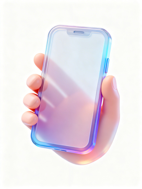 保持原图3D立体风格，白色背景上1个手机样机主题图标，图标采用渐变半透明材质，具有柔和光影和清晰高光效果。图标要突出：握着手机，手机屏幕面向观众的手部。所有元素保持统一的圆润边角和简洁造型，色彩明快和预览效果