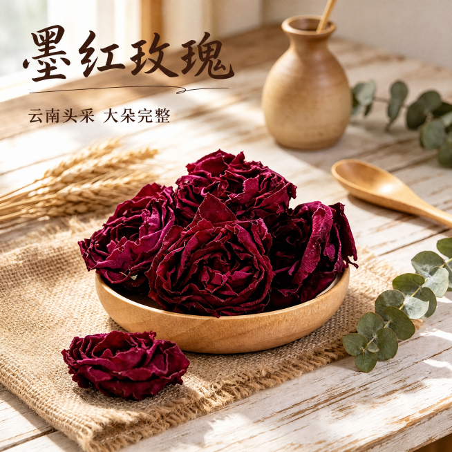 [主图-1] 墨红玫瑰干花茶首图，自然原木餐桌场景，突出大朵完整花型。氛围自然质朴温暖哑光，商业摄影画质，光线柔和通透，产品纹理清晰。保持干花颜色形态与原图一致，文字不遮挡玫瑰主体。配色为深紫红色+深预览效果