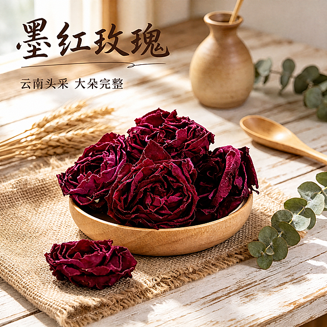 [主图-1] 墨红玫瑰干花茶首图，自然原木餐桌场景，突出大朵完整花型。氛围自然质朴温暖哑光，商业摄影画质，光线柔和通透，产品纹理清晰。保持干花颜色形态与原图一致，文字不遮挡玫瑰主体。配色为深紫红色+深棕浅棕米白大地色系，无高饱和色。左上左对齐大字主标题"墨红玫瑰"手写点缀，辅助文字"云南头采 大朵完整"，行间距大于字间距，全哑光无效果。1:1比例 4K分辨率。负向提示：变形水印文字遮挡渐变高饱和色