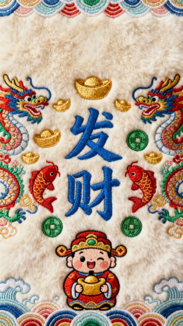 米白色毛绒质感背景上，采用传统刺绣风格，中央是蓝色“发财”大字，周围环绕着金色元宝、红色鲤鱼、绿色铜钱等吉祥图案，两侧对称分布彩色龙纹，底部有捧着金锭的可爱财神像，边缘装饰波浪形花纹和祥云图案，整体色彩鲜艳明快，充满喜庆招财氛围。预览效果
