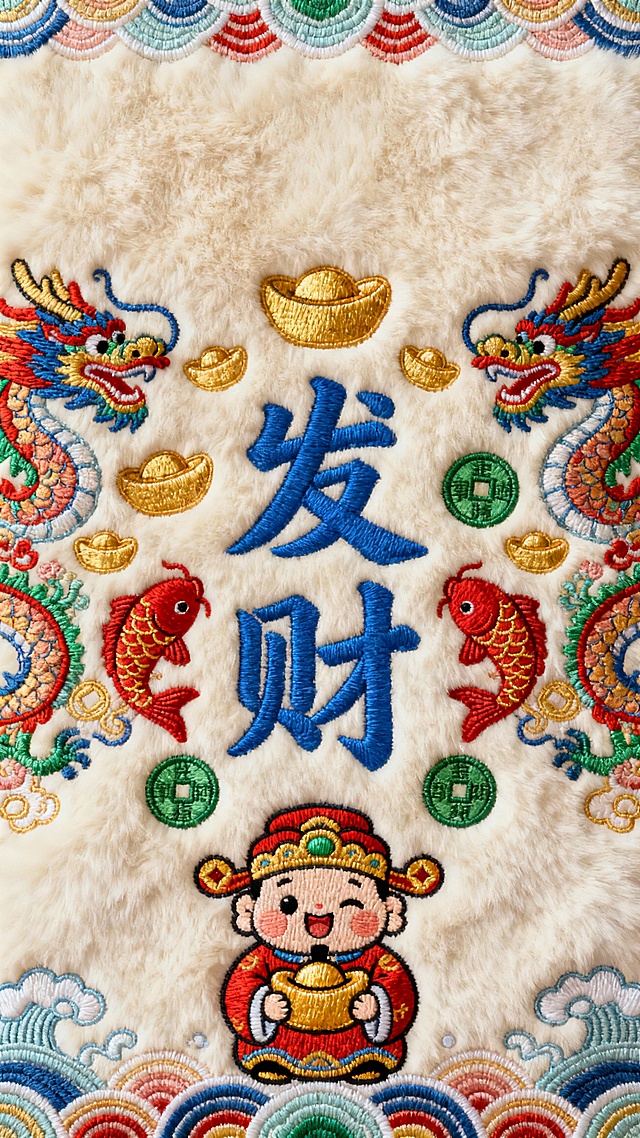 米白色毛绒质感背景上，采用传统刺绣风格，中央是蓝色“发财”大字，周围环绕着金色元宝、红色鲤鱼、绿色铜钱等吉祥图案，两侧对称分布彩色龙纹，底部有捧着金锭的可爱财神像，边缘装饰波浪形花纹和祥云图案，整体色彩鲜艳明快，充满喜庆招财氛围。