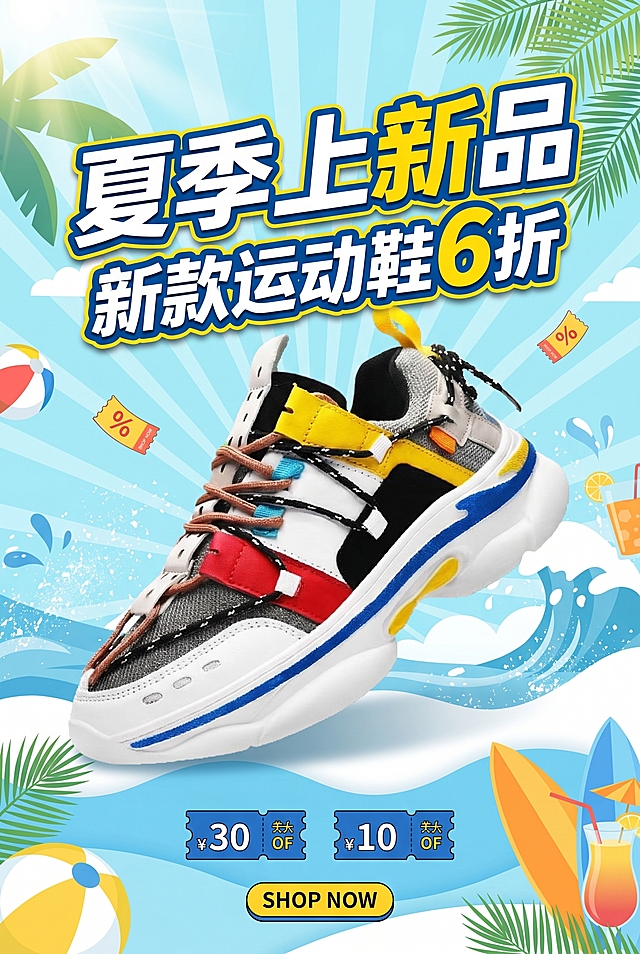 电商夏季新品运动鞋促销海报，主标题“夏季上新品”，副标题“新款运动鞋6折”，展示拼色厚底老爹运动鞋，夏季活力运动风格，清新蓝白夏日背景，商业宣传设计