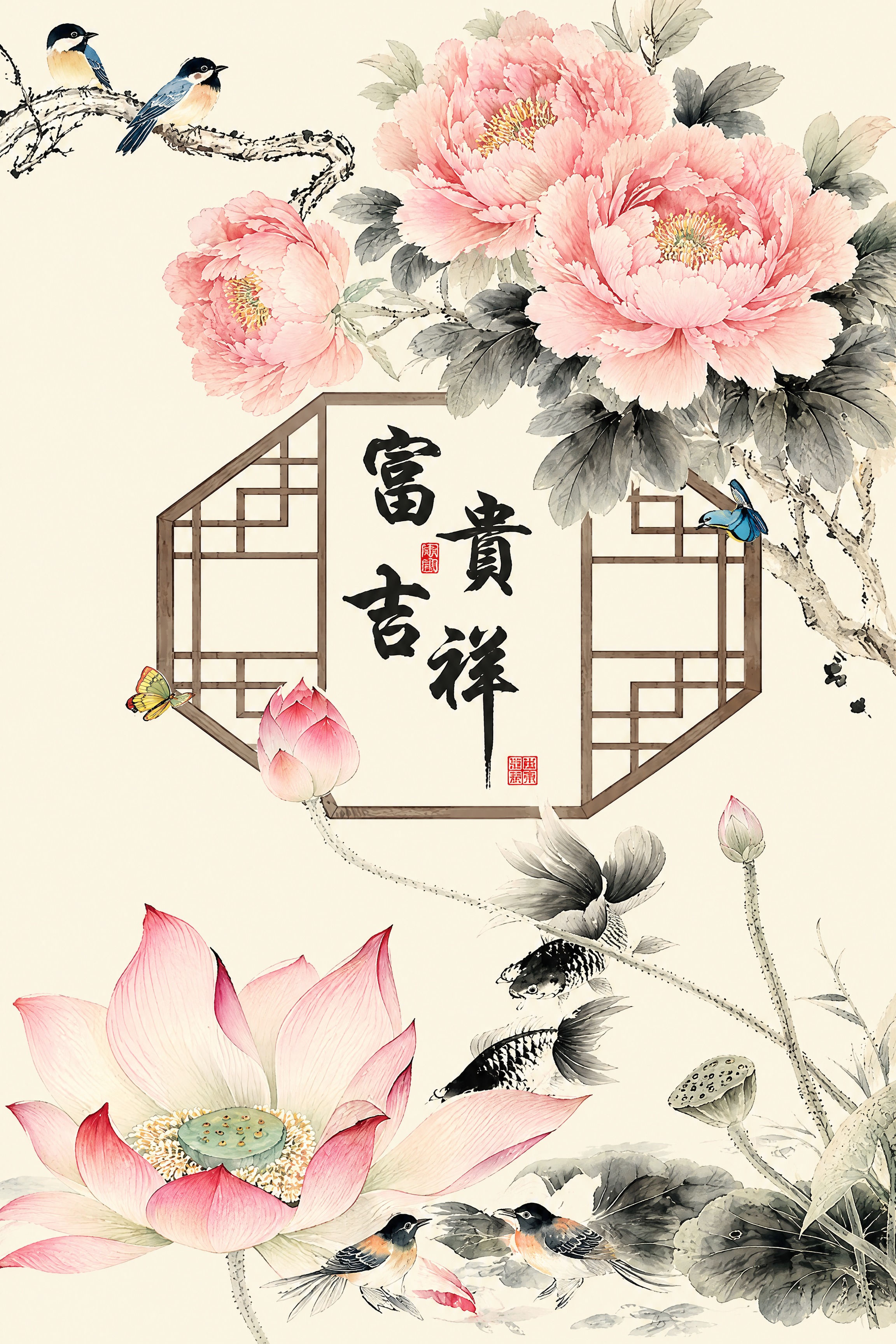 从参考图中提取门帘上的完整富贵吉祥牡丹荷花图案，去除门帘中间的… - 图片创意预览