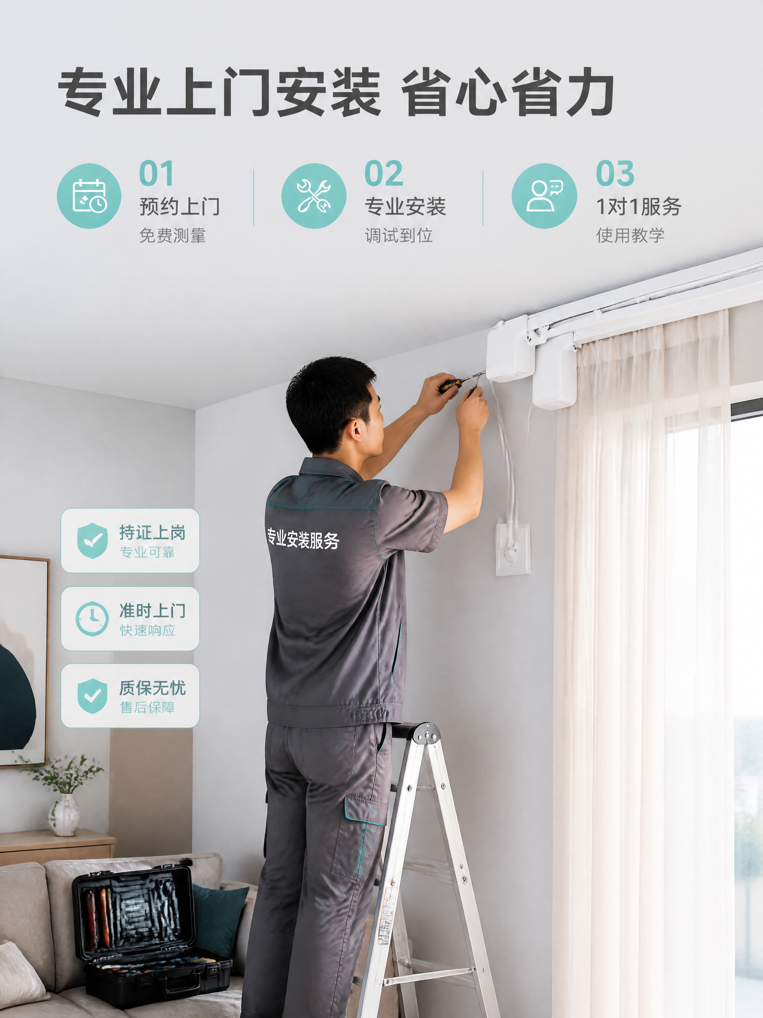 [商品] 使用智能电动窗帘产品图；保留白色电机、轨道、窗帘外观… - 图片创意预览