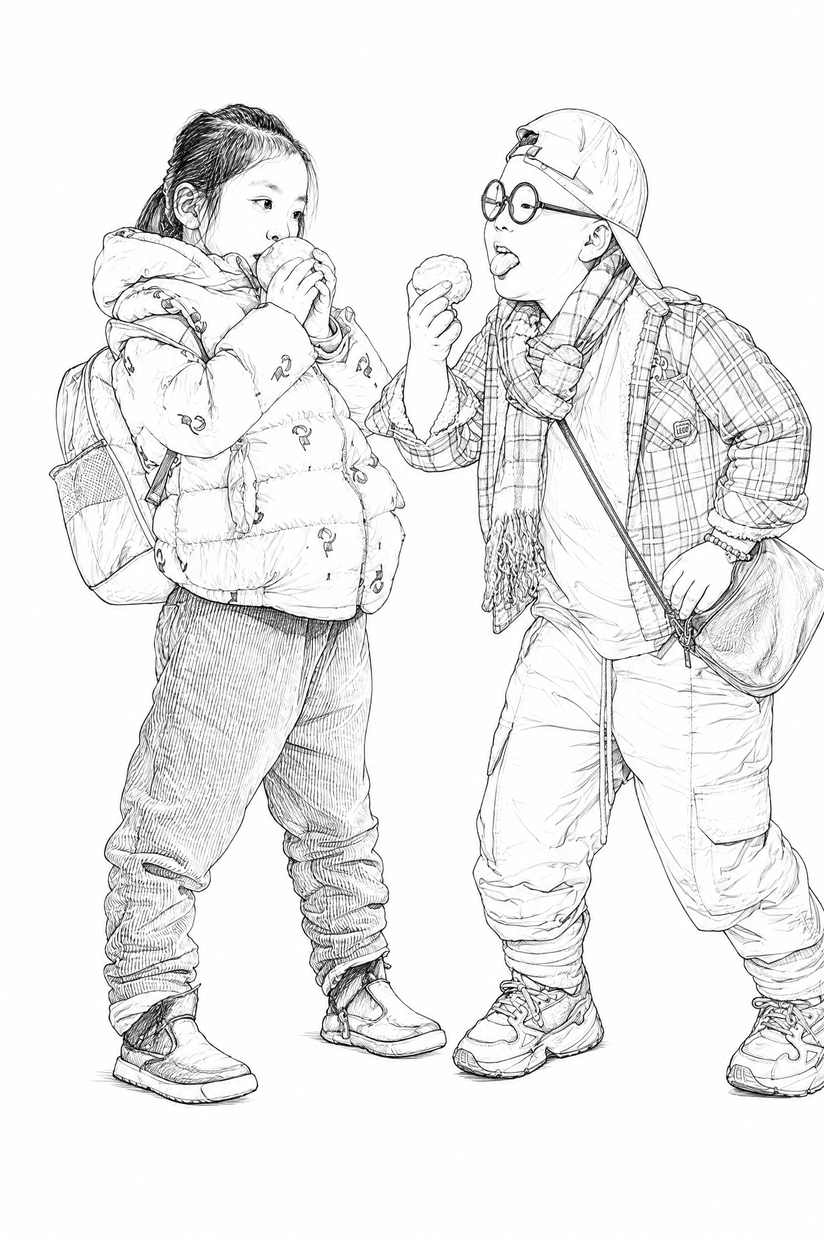 列宾风格白描线描速写，纯线条表现几乎无明暗，参考两张儿童照片的… - 图片创意预览