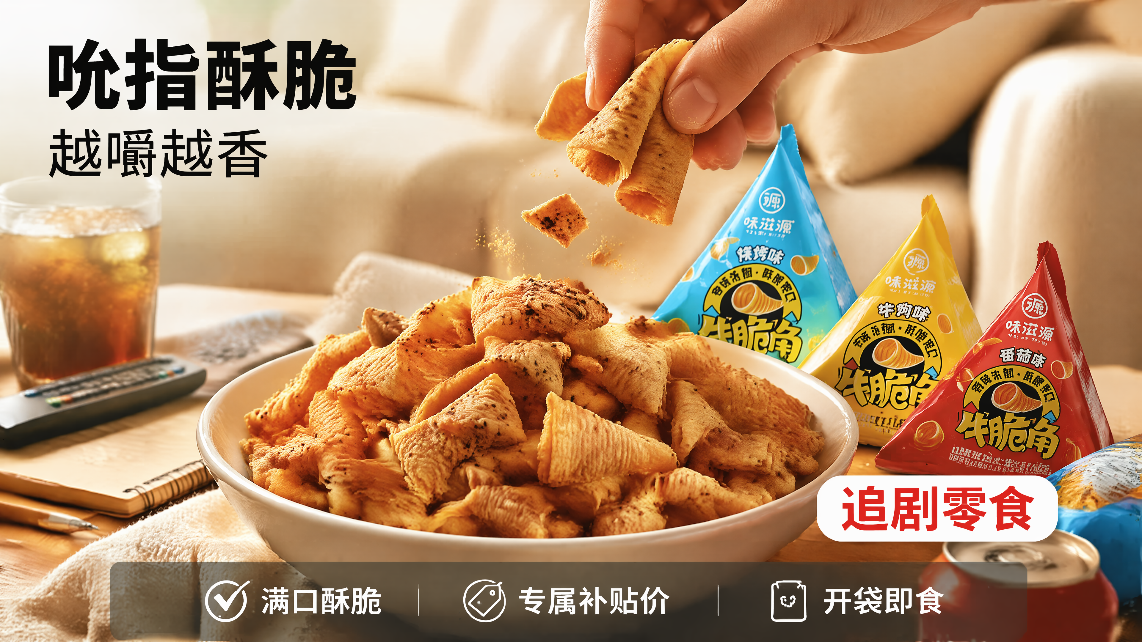 [主图-1] 首图：追剧零食诱惑场景 - 牛脆角动态食用瞬间。… - 图片创意预览