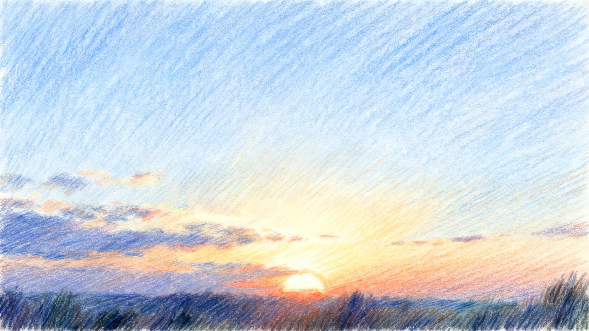 夕阳余晖，带有蓝调的天空，彩铅画风格，画面色彩柔和，线条细腻，氛围静谧温暖预览效果
