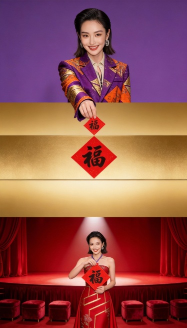 【上层场景，占比45%】：背景纯紫色 。身穿紫色+橙色的拼接时尚质感高级定制高定服饰（参考图1）的高级亚洲模特（参考图2），她大眼睛双眼皮，长相很时髦，微笑，齐肩短发大背头， 女性模特上半身跨越界面从预览效果