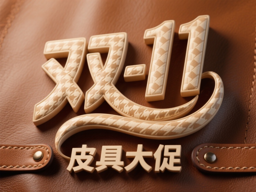 中间主标题”双11""，副标题” 皮具大促""，字体是庄重的，文字的表面是浅卡其色千鸟格皮革的质感，棕色皮革背景，高饱和色彩。预览效果