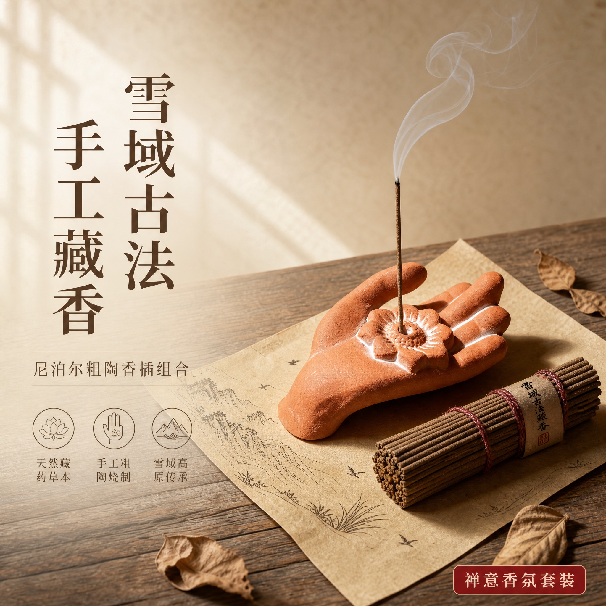 [单张主图] 雪域古法手工藏香 X 尼泊尔粗陶香插组合 高级氛… - 图片创意预览