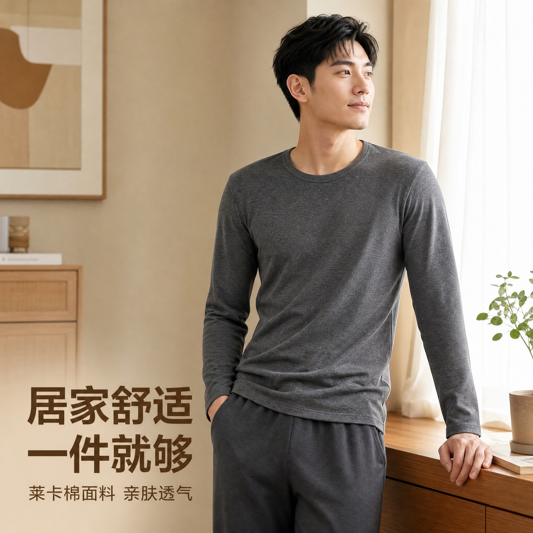 [主图-2] 居家生活风，展现男士秋衣居家穿着的舒适与日常感。… - 图片创意预览