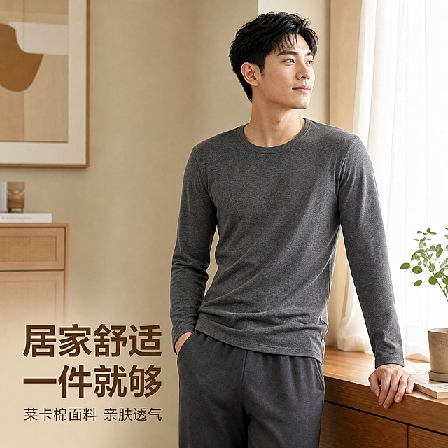 [主图-2] 居家生活风，展现男士秋衣居家穿着的舒适与日常感。
[统一基调] 温暖居家生活感，暖色调柔和光线，生活化场景，传递舒适放松的穿着体验。
[画面] 年轻亚洲男性模特居家场景中景（膝盖以上），模特约25-30岁，清爽短发，自然放松的表情，身穿深灰色圆领长袖秋衣，下搭深灰色家居长裤，站在现代简约风格的卧室窗边。模特身体微侧，一只手自然插在裤袋，另一只手轻搭在窗边木质柜台上，姿态松弛自然。背景是温暖的米色墙面、白色纱帘透进柔和自然光，旁边有简约木质家具和一小盆绿植，营造温馨居家氛围。秋衣版型合身，面料有自然的穿着褶皱，体现莱卡棉的贴身舒适。产品（秋衣）为画面视觉中心，占比约50%。
[光影质感] 自然窗边柔光，暖色调主光从右侧窗户照入，人物面部和衣服有柔和的明暗过渡，阴影自然不生硬，生活摄影质感，真实自然有温度。
[配色] 主色暖米、深灰、木色、浅绿，整体暖色调，温馨舒适，居家氛围感强。
[文字版式] 画面左下角有文字排版，大字标题"居家舒适 一件就够"，暖棕色粗体无衬线字体，下方小字"莱卡棉面料 亲肤透气"，字体温暖柔和，字号有层级，放在画面负空间，不遮挡人物主体。
[输出要求] 1:1正方形比例，2K高清，人物自然不僵硬，衣服版型清晰，面料质感真实，文字清晰可读。负向：变形、错字、模糊、杂乱、水印、人物面部扭曲、手部畸形、衣服穿模、夸张滤镜。
