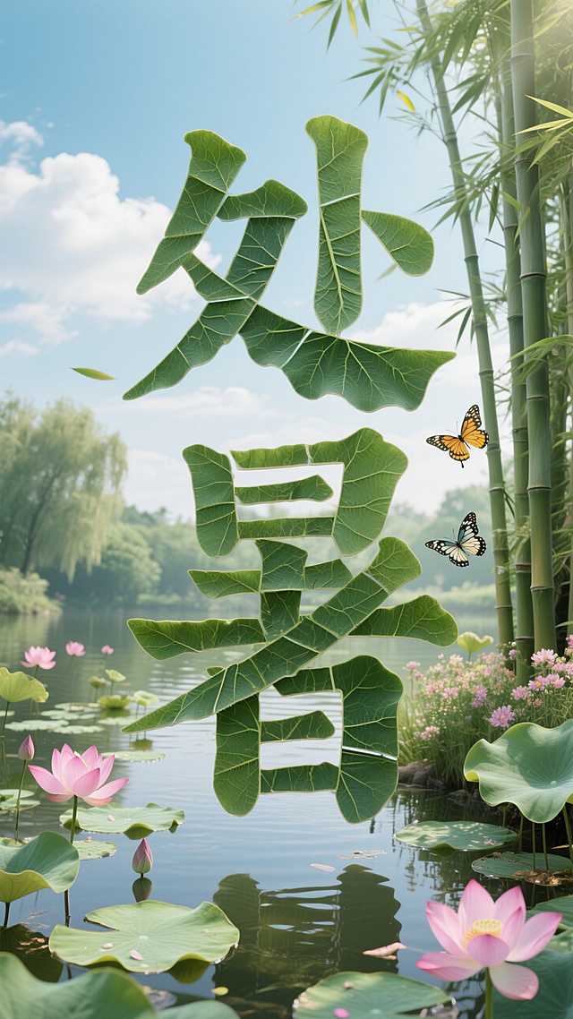 画面视觉中心为荷叶组成的“处暑”大字，宁静的池塘，幽静的竹林，荷叶，荷花，竹叶，蝴蝶，蓝天白云
