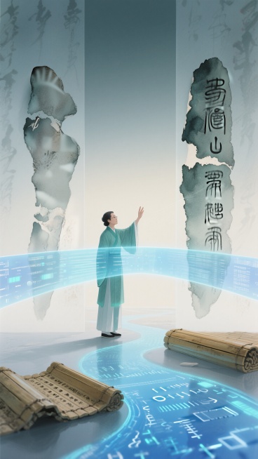 教师站在甲骨文与代码洪流交汇处，举手化桥连接古代竹简与全息显示屏。青圭色与量子蓝，微粒化动态效果预览效果