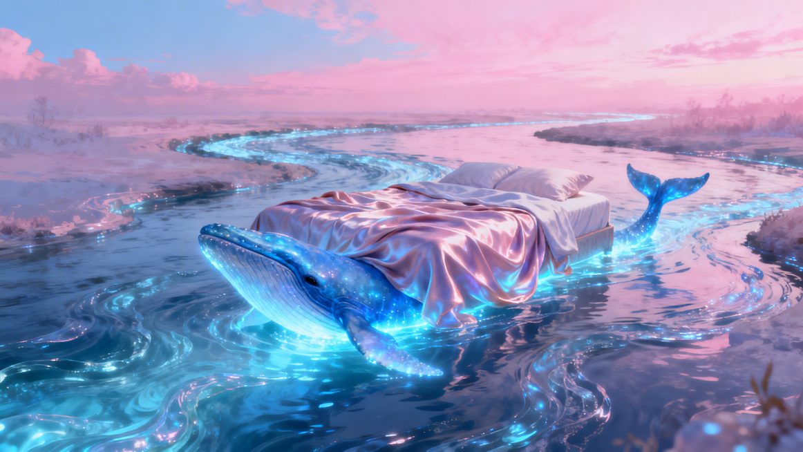粉蓝色天幕下，液态琉璃蜿蜒成河流，河面上漂浮着铺有绸缎质感床单的床，床单随琉璃波光轻轻摇曳，发光蓝鲸不时从河底跃出穿过床铺预览效果