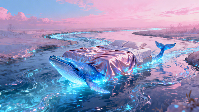粉蓝色天幕下，液态琉璃蜿蜒成河流，河面上漂浮着铺有绸缎质感床单的床，床单随琉璃波光轻轻摇曳，发光蓝鲸不时从河底跃出穿过床铺