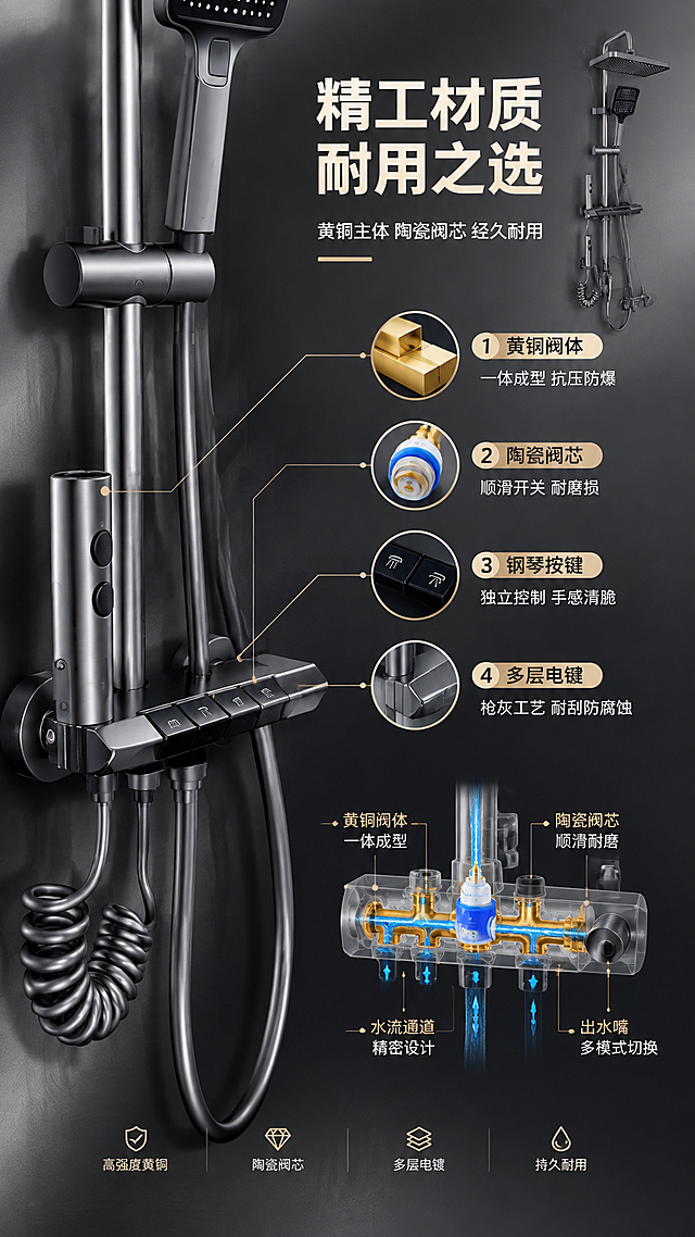 [商品] 使用【图1】枪灰色四功能淋浴花洒套装；保留阀体、按键、顶喷、手持的结构特征与枪灰色金属质感；重点展示阀体按键区域和出水嘴细节。
[画面] 目标：结构材质证明，展示产品内部工艺与材质品质。构图：画面左侧约40%为产品阀体+按键区域特写（放大），右侧约60%为文字+结构示意图；背景为深灰色渐变，突出金属质感；画面中有局部剖面示意（用线条+半透明效果展示阀体内部铜质结构、陶瓷阀芯、水流通道），配引线标注关键部件；顶部有产品小图作参照。
[视觉] 套系策略：风格=现代轻奢卫浴商业摄影；标题字=粗黑体无衬线；正文字=简洁无衬线体；主色=枪灰+高级灰；背景延展=基于深灰做深浅层级、同色渐变和金属拉丝质感；强调色=暖香槟金，仅用于小面积图标、引线、标签或局部高光；标题色=浅米白（深底反白）；正文色=浅灰；组件=细线引线标注、半透明结构示意图、圆角信息卡；光影=侧逆光勾勒金属轮廓，正面补光突出按键纹理，质感强烈。
[文字] 右上主标题"精工材质 耐用之选"，副标题"黄铜主体 陶瓷阀芯 经久耐用"；下方4个结构标注点：1."黄铜阀体"一体成型 抗压防爆；2."陶瓷阀芯"顺滑开关 耐磨损；3."钢琴按键"独立控制 手感清脆；4."多层电镀"枪灰工艺 耐刮防腐蚀；文字横排，引线清晰指向对应部位。
[规格] 图片比例9:16竖版，4K，避免变形、错字、文字过小、产品颜色改变、结构标注混乱、剖面示意不清晰。