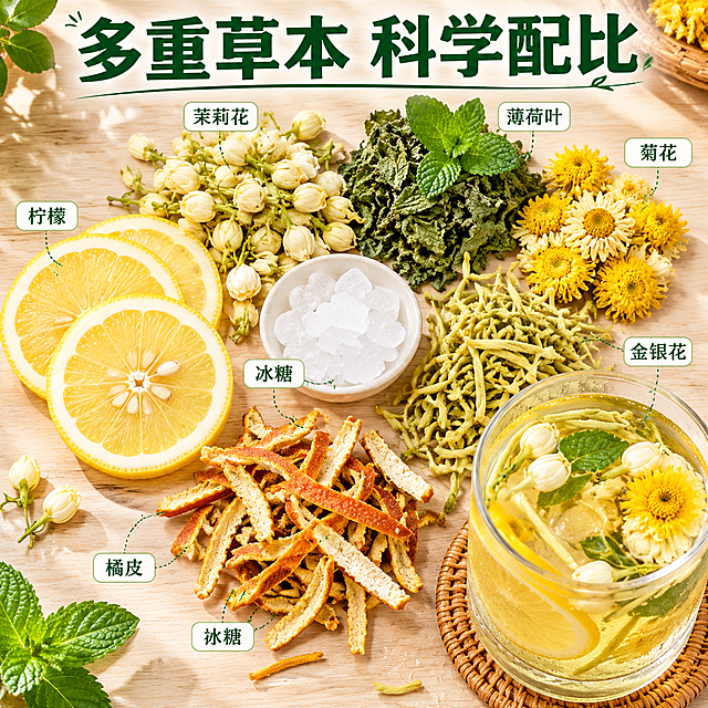 [主图-2] 核心原料成分展示图。
[氛围风格] 真实自然质感，突出优质草本原料新鲜度。
[画质] 商业摄影质感，光线柔和通透，产品清晰真实，画面干净高级。
[元素] 多种草本原料分散摆放在浅原木色桌面上，包含柠檬片、干菊花、茉莉花、薄荷叶、金银花、橘皮、冰糖，所有原料清晰可见，只展示原料不保留外包装盒。一块冲泡好的玻璃冷泡茶杯放在右下角，茶汤清澈淡黄，搭配冷凝水珠突出清凉感。保持原料外观、物理结构、材质质感、颜色与输入图片绝对一致，杜绝任何变形和色差，精细化处理。商品主体占比严格控制在70%左右，画面满屏无边框。
[光影] 自然柔光，逆光突出原料通透质感，不同食材纹理清晰，明暗层次分明。
[配色] 主色调原木浅米色，搭配自然草本绿、黄，清新自然。
[视角构图] 俯视平铺构图，食材错落分布，视觉舒展。
[文字版式] 顶部居中大字文案"多重草本 科学配比"，深绿色粗体；底部用引线分别标注各原料名称：柠檬 薄荷叶 金银花 冰糖 菊花 橘皮 茉莉花，文字小而清晰，指向对应原料，不遮挡主体。
[输出要求] 1:1比例，文字清晰可辨，超高清商业摄影质感。
[负向提示词] 变形，文字错乱，产品模糊，背景杂乱，水印，电商平台Logo，外包装盒，品牌名牌名称，功效暗示，疾病宣传。