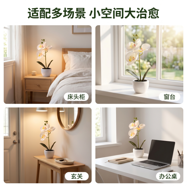 [主图 7] 多场景适配展示
[氛围风格] 温馨舒适家居治愈风
[画质] 商业摄影质感、光线柔和通透、产品清晰真实、画面干净高级
[元素] 画面分为四宫格，每个格子展示蝴蝶兰盆栽放置在一个不同小空间场预览效果