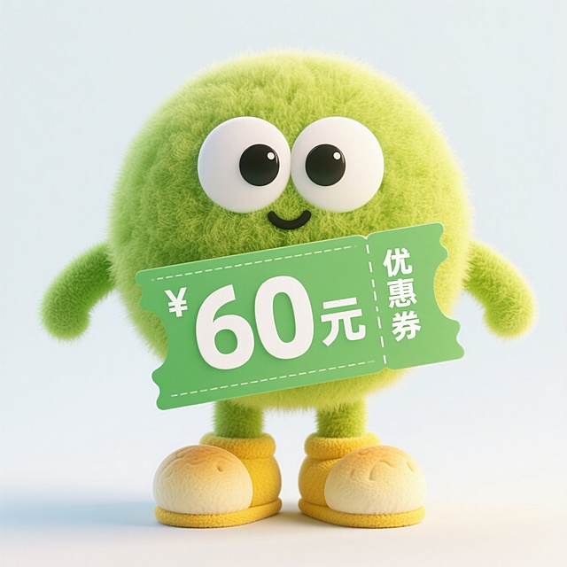 3D卡通风格，拟人化绿色小怪兽手持优惠券，清新可爱，吸引眼球。