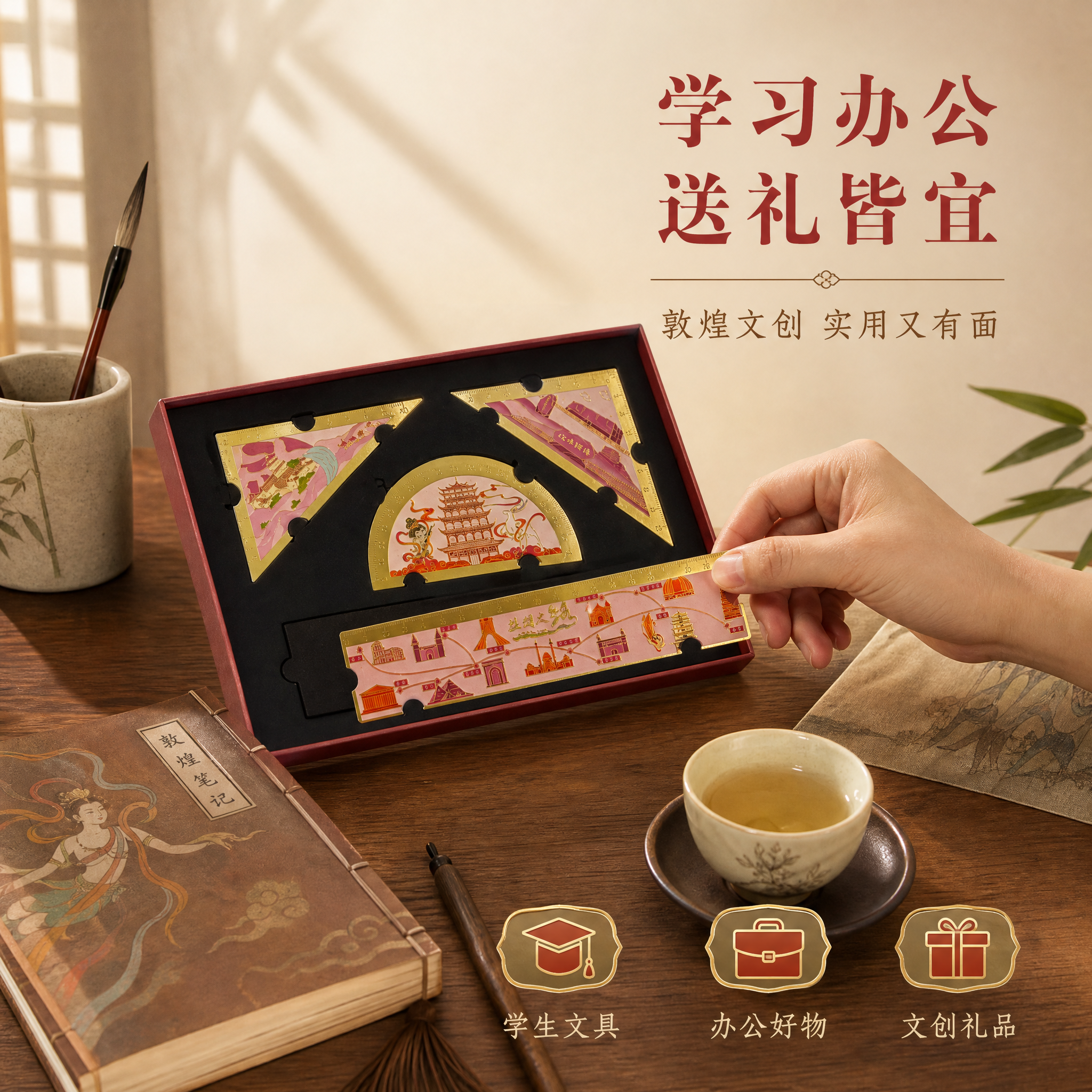 [主图-4] 使用场景与礼品属性展示，呈现敦煌金属套尺作为文创… - 图片创意预览