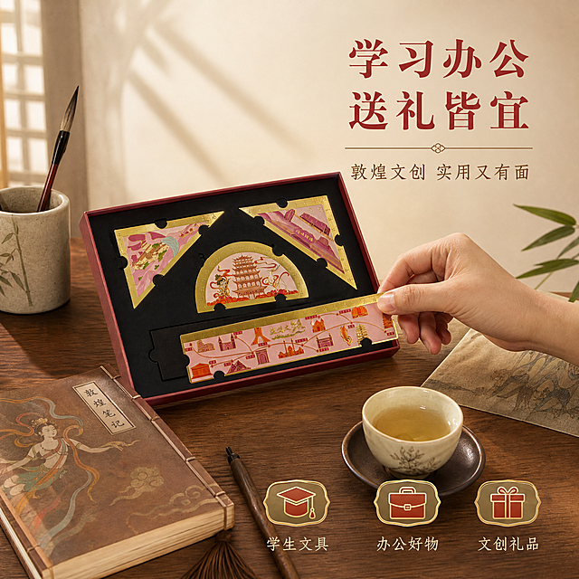 [主图-4] 使用场景与礼品属性展示，呈现敦煌金属套尺作为文创礼品和学习文具的双重价值。
[统一基调] 国潮文创风格，背景主色为暖米色渐变，点缀敦煌红与金色装饰元素，标题字色为朱砂红，辅助字色为深褐色，强调色为金色，字体为大气宋体风格，字号层级分明，卡片与边框采用金色细线描边，整体精致典雅。
[画面] 画面为温馨的书桌场景，木质桌面上摆放着打开的敦煌金属套尺礼盒，旁边有一本古风笔记本、一支毛笔和一杯清茶，营造雅致的文化氛围。一只手轻轻拿起一把金属直尺，展示使用状态。礼盒中的四件套尺清晰可见。产品占画面约50%，场景自然真实。背景为浅米色墙面，有淡淡的光影变化。
[光影质感] 自然光效，柔和的窗边光线从左侧照射，桌面有自然的光影层次，金属尺面反射出柔和的光泽，手部自然真实，整体氛围温暖雅致。
[配色] 暖木色桌面，米色背景，金属金色产品，古风文具的棕色调，朱砂红标题文字，整体色调温暖和谐。
[文字版式] 画面右上角主标题"学习办公 送礼皆宜"，下方小字"敦煌文创 实用又有面"，文字放在右上角负空间，不遮挡主体。底部有三个小图标加文字："学生文具""办公好物""文创礼品"。
[输出要求] 1:1正方形比例，文字清晰可读，产品与场景融合自然，手部真实不畸形。负向：变形、错字、模糊、杂乱、水印、平台Logo、手部畸形、产品悬浮、穿模。
