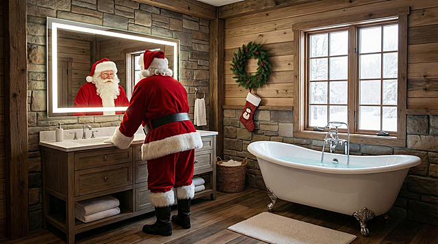 比例 「16:9」美国浴室场景，LED灯镜，浴池，圣诞老人在照镜子，穿着圣诞服装，少加一点圣诞元素，美式风格，四张图，高清，4k
