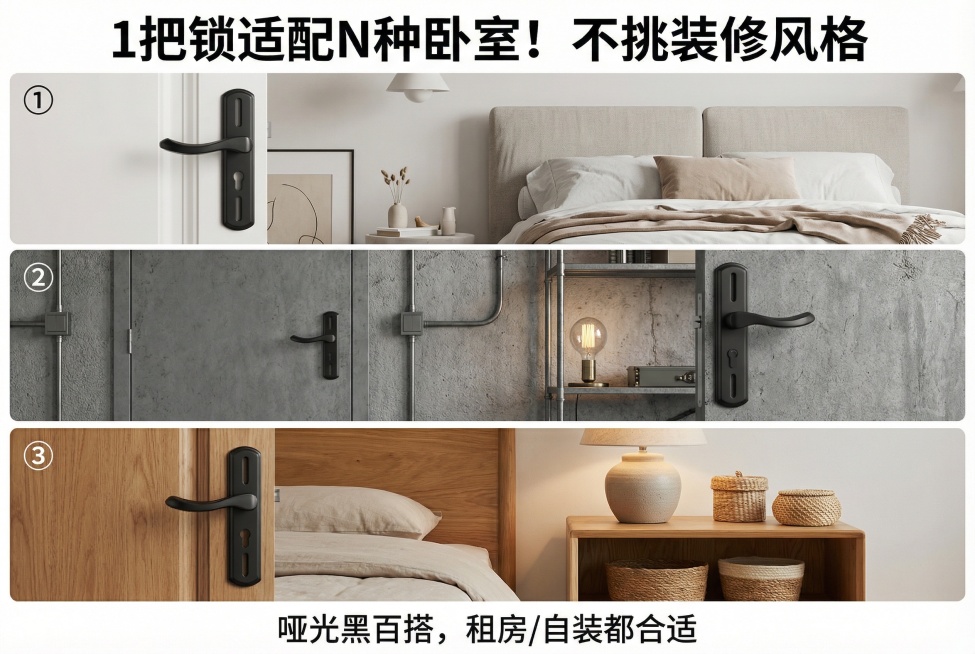 一、主图模板（拼多多首屏抓点击）  
模板1：「自装懒人款」主图  视觉元素： 左侧：门锁+手拧螺丝的特写（手为普通人手，降低“专业操作”门槛）；右侧：装好在简约白门上的成品效果。  文案（大字体+醒预览效果