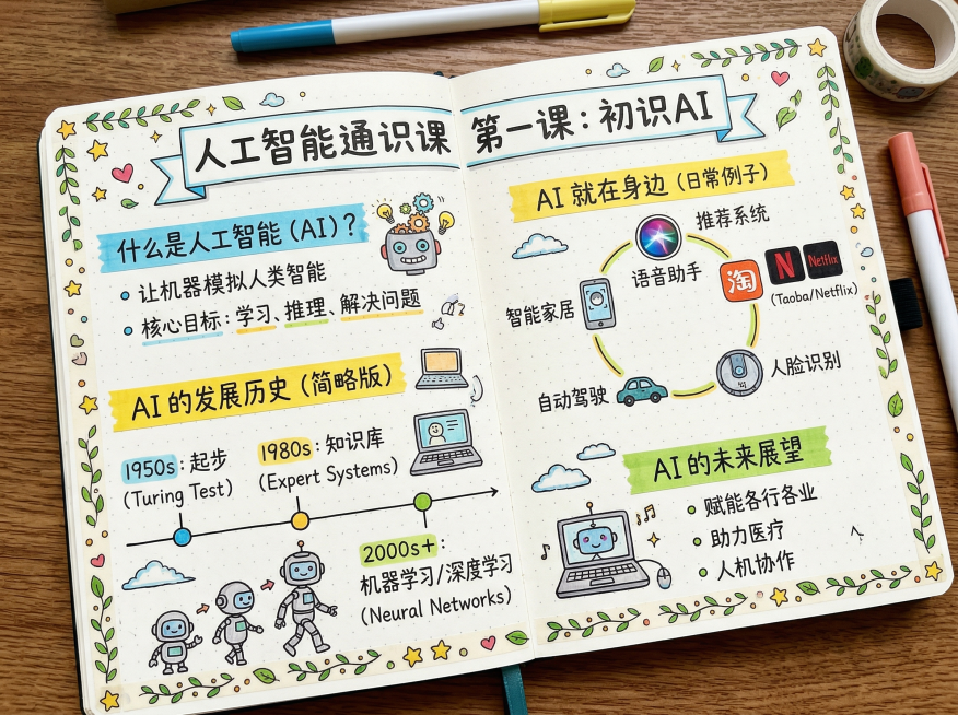 手账形式，人工智能通识课第一课内容，包含标题“人工智能通识课 第一课：初识AI”，装饰元素可爱清新，所有文字均为中文，排版活泼适合笔记记录预览效果
