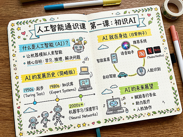 手账形式，人工智能通识课第一课内容，包含标题“人工智能通识课 第一课：初识AI”，装饰元素可爱清新，所有文字均为中文，排版活泼适合笔记记录