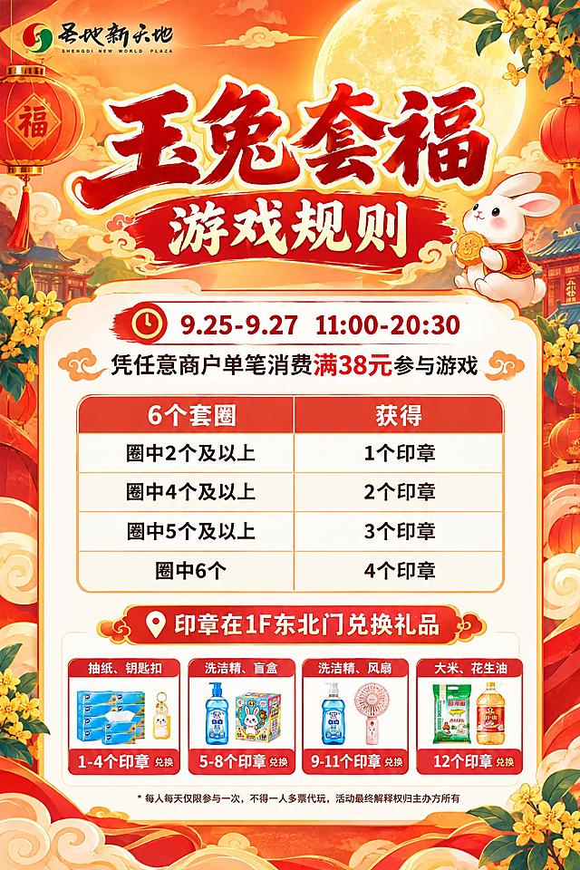 将这张'玉兔套福游戏规则'说明页重新制作为主画面背景风格规则图：1. 背景改为国潮中秋主画面风格（橙红色暖色调、满月、祥云、红灯笼、桂花、玉兔插画等元素）；2. 保留所有规则文字内容：标题'玉兔套福 游戏规则'、时间9.25-9.27每天11:00-20:30、凭任意商户单笔消费满38元参与、6个套圈阶梯奖励表（圈中2个及以上1个印章、4个及以上2个印章、5个及以上3个印章、6个4个印章）、兑换地点1F东北门、印章兑换档位（1-4印章抽纸钥匙扣、5-8印章洗洁精盲盒、9-11印章洗洁精风扇、12印章大米花生油）、每人每天仅限参与一次等备注；3. 规则表格用清晰的白色/半透明底板承载，文字清晰易读；4. 保留左上角'圣地新天地'品牌标识；5. 整体喜庆清晰，适合现场展示。