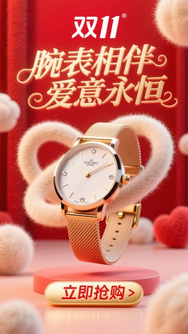 商业摄影风格，比例 16:9。以鲜艳的红色为背景，营造热烈氛围。画面正中央是巨大且优雅的主标题 “腕表相伴 爱意永恒”，采用金色立体艺术字体，笔画粗细变化富有韵律，表面有细腻的光泽质感，像是被柔和灯光预览效果
