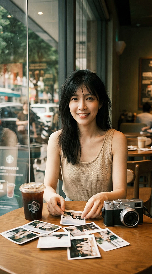 保留图片人物的面部特征，复古胶片风格纪实写真，富士NC滤镜的高对比，营造出复古、温暖且有故事感，复古胶片的电影感，黑色长发慵懒散落，女生身穿简单居家背心，咖啡厅场景参照星巴克咖啡，女生坐在大玻璃窗旁的桌子前，玻璃真实反射光影，桌子上摆着一杯星巴克冰美式咖啡和一台富士相机，几张胶片凌乱摆放在旁边，整体不规则随意感，流行拍照动作，表情松弛悠闲，整体色调怀旧，带复古胶片颗粒感，复古，低像素，高噪点，强对比，朦胧美学，营造柔和朦胧氛围，光影细腻，晃朦，模糊，真实活人感。