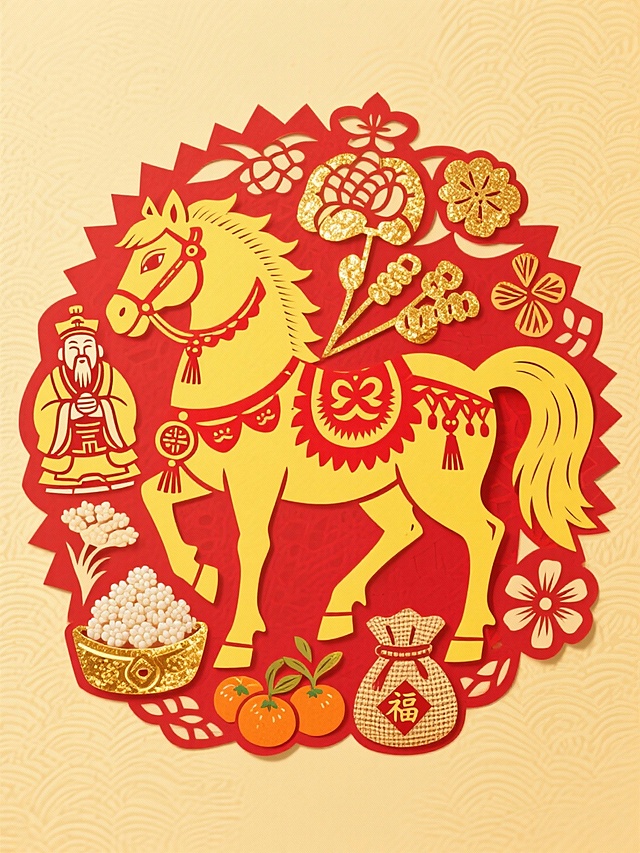 主体是嫩黄骏马（装饰赤红纹样、灶糖配饰，点缀金箔质感），周围环绕灶王爷像、糯米米糕、招财金橘、麻布福袋等吉祥元素，背景为鹅黄色纹理，配色浓烈鲜艳（嫩黄、赤红、鹅黄、金等），风格喜庆华贵、充满初四迎灶神的传统年俗寓意