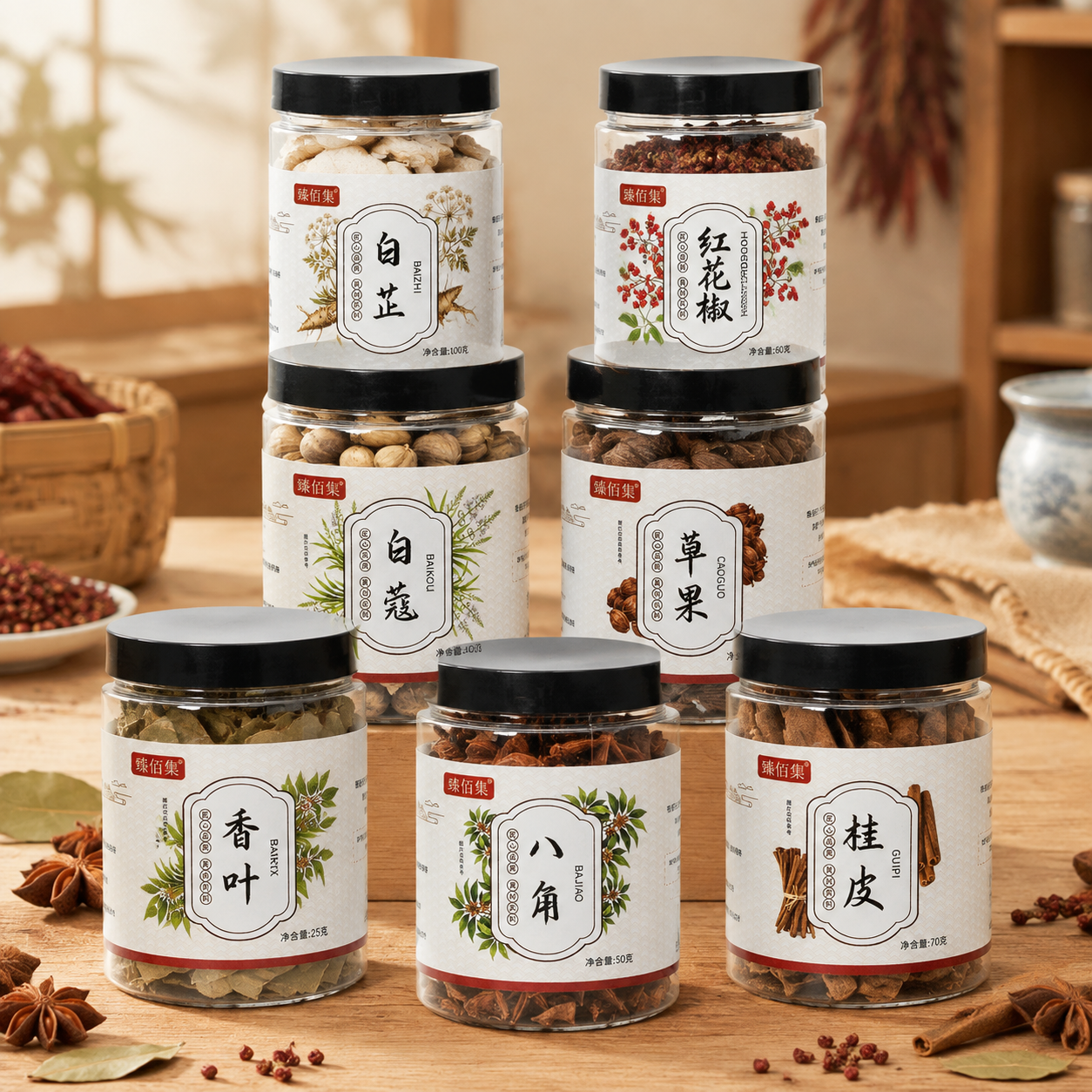 将7罐臻佰集香辛料产品（八角、白蔻、白芷、草果、桂皮、红花椒、… - 图片创意预览
