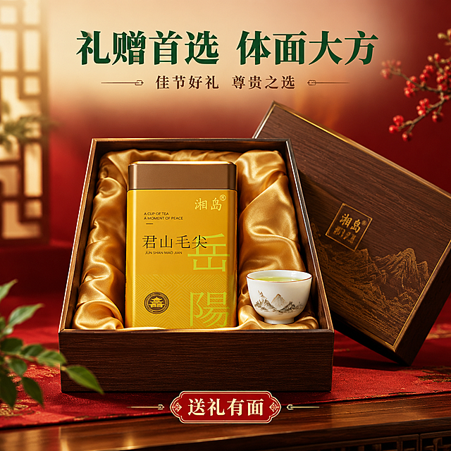 [主图-9] 送礼佳品 精美礼盒 礼赠首选 体面大方。[统一基调] 国风雅致茶韵风格，背景主色为暖米白渐变浅茶绿，标题字色为深茶绿，辅助字色为赭石棕，强调色为金棕色，字体为厚重宋体标题搭配清爽黑体正文。[画面] 产品金色铁罐置于精美的礼盒中，礼盒为深棕色木纹质感，内衬金色绸缎，铁罐居中摆放，旁边搭配一只小巧的白瓷品茗杯作为赠品展示。礼盒半开状态，盒盖斜靠在后方。背景为深红色渐变，营造节日送礼的喜庆高端氛围。[光影质感] 影棚高端打光，礼盒木纹细腻，绸缎有光泽，罐体金色质感突出，整体奢华大气的礼品感。[配色] 深红背景 木纹深棕 金色绸缎 金色罐体 深茶绿标题 金色强调文字。[文字版式] 画面顶部横排主标题礼赠首选 体面大方，下方小字佳节好礼 尊贵之选。底部加一枚红色印章式标签送礼有面。文字放在上部与底部负空间。[输出要求] 1:1比例 礼盒质感真实 文字清晰 负向 变形 错字 模糊 水印 平台Logo