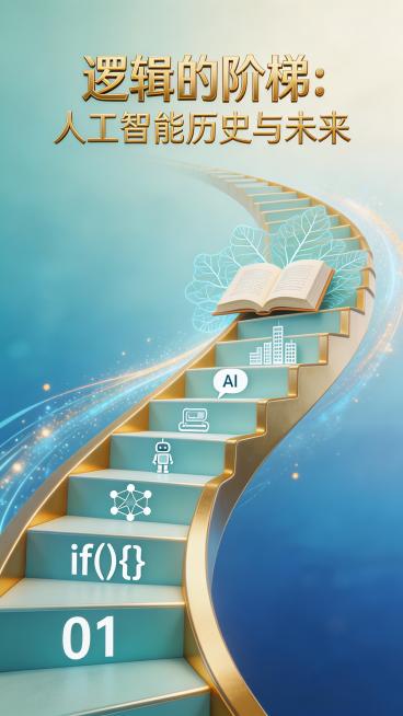 竖版书籍封面设计，书名"逻辑的阶梯：人工智能历史与未来"，整体风格兼具科技感与人文温度。视觉核心为螺旋上升的阶梯造型，阶梯融合代码逻辑符号、神经网络结构，串联起人工智能发展里程碑元素；阶梯之上搭配象征预览效果