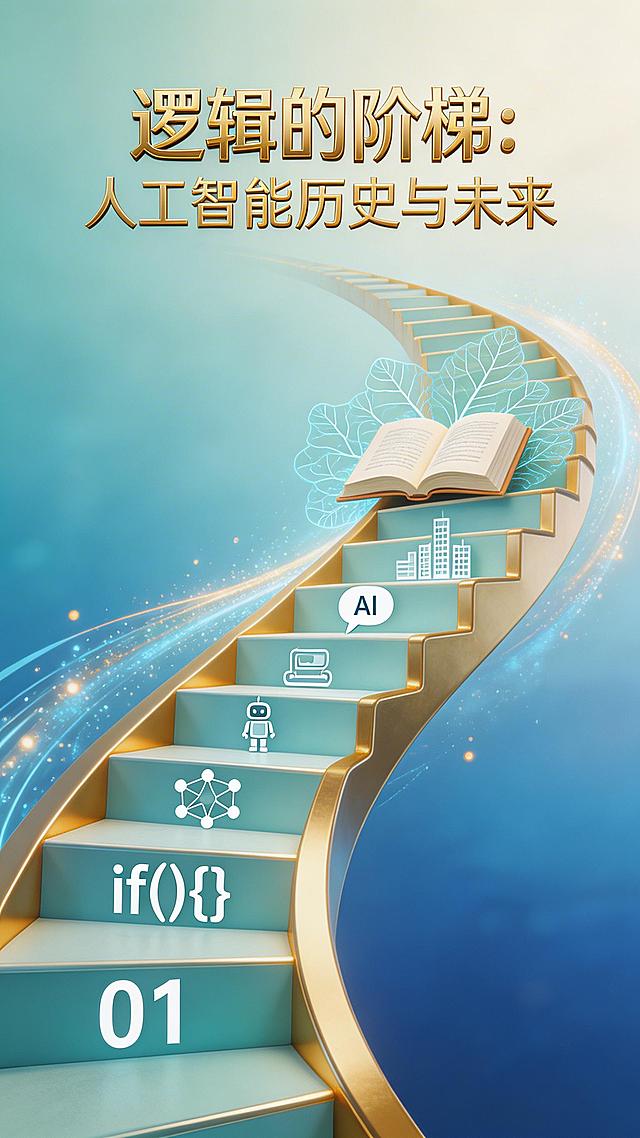竖版书籍封面设计，书名"逻辑的阶梯：人工智能历史与未来"，整体风格兼具科技感与人文温度。视觉核心为螺旋上升的阶梯造型，阶梯融合代码逻辑符号、神经网络结构，串联起人工智能发展里程碑元素；阶梯之上搭配象征全人教育的书本、脉络图形，辅以流动的光效粒子与上升曲线，寓意AI赋能民生、经济蓬勃向上。整体色调以澄澈蓝、鎏金、浅青、暖白为主，明亮通透充满希望感，光影柔和具有层次感。将科技理性与人文教育交织，展现人工智能助力社会发展的美好图景，排版现代大气，兼具科学严谨性与艺术美感，高清质感，视觉开阔治愈，书名文字具有科技感，不死板。