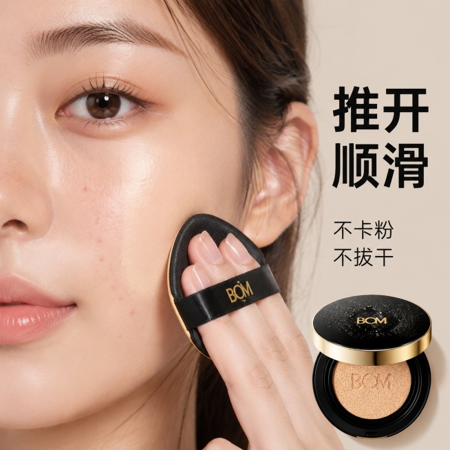 ，生成一套主图（7张），商品名称是BOM黑金气垫，卖点是超细研磨粉体，奶油丝滑质地，推开顺滑不卡粉、不拔干，高倍一层遮瑕，痘印、泛红、斑点、黑眼圈轻松遮盖，半柔雾哑光妆效，轻薄无面具感，兼顾清透与无瑕预览效果