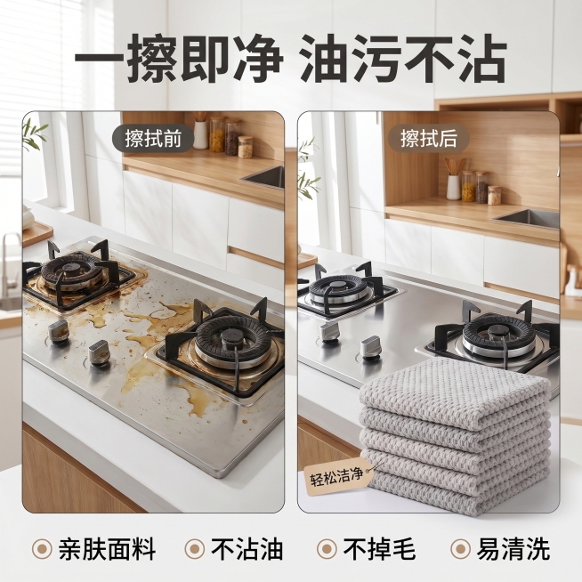 [主图-2] 小麦粒抹布核心卖点展示图。氛围风格：家居治愈风，干净明亮。画质：商业摄影质感，光线柔和通透，产品清晰真实，画面干净高级。元素：左侧左右分栏展示，左图油污灶台，右图擦拭后洁净灶台，抹布放置预览效果