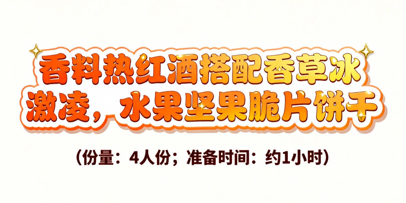 活泼可爱风格艺术字，第一排“香料热红酒搭配香草冰激凌，水果坚果脆片饼干”为橙色与暖黄色渐变主字，搭配白色描边和金色高光，字体圆润带卡通波浪边缘；第二排“（份量：4人份；准备时间: 约1小时）”为深棕色预览效果
