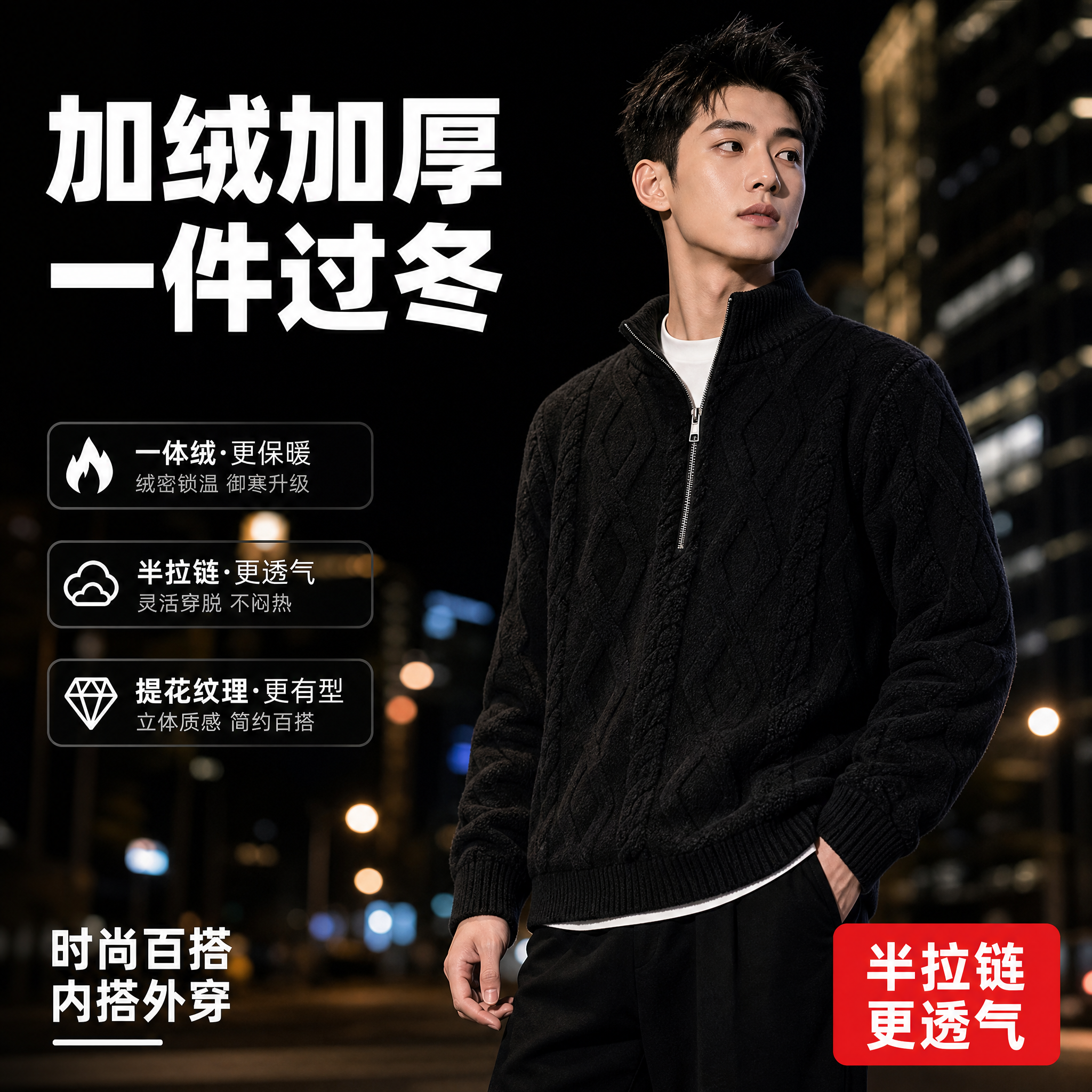 [主图-6] 黑色半拉链一体绒休闲毛衫 模特穿搭场景主图 [统… - 图片创意预览