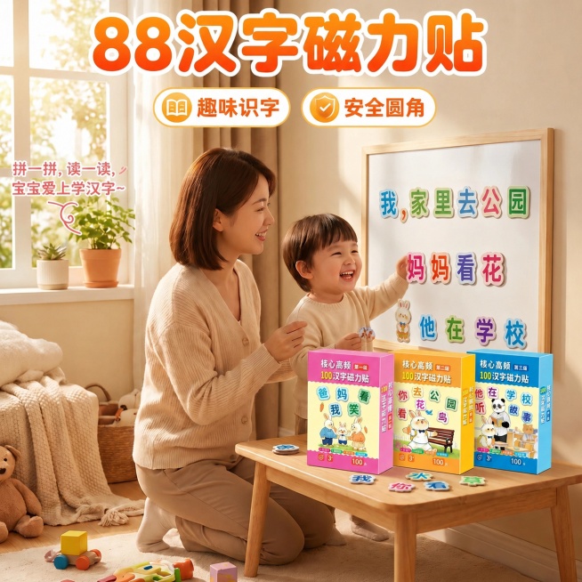 基于图1修改，保持整体构图、人物和三款包装盒完全不变，只替换白板上的汉字磁力贴，替换成图2中白板上的汉字磁力贴内容：第一行“我,家里去公园”，第二行“妈妈看花”，第三行带兔子图案“他 在 学 校”，保预览效果