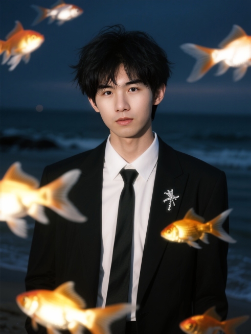 夜晚海边少年，环绕动态模糊的金鱼，金鱼发光，梦核暗调。脸部一束光，奶油肌，特写预览效果