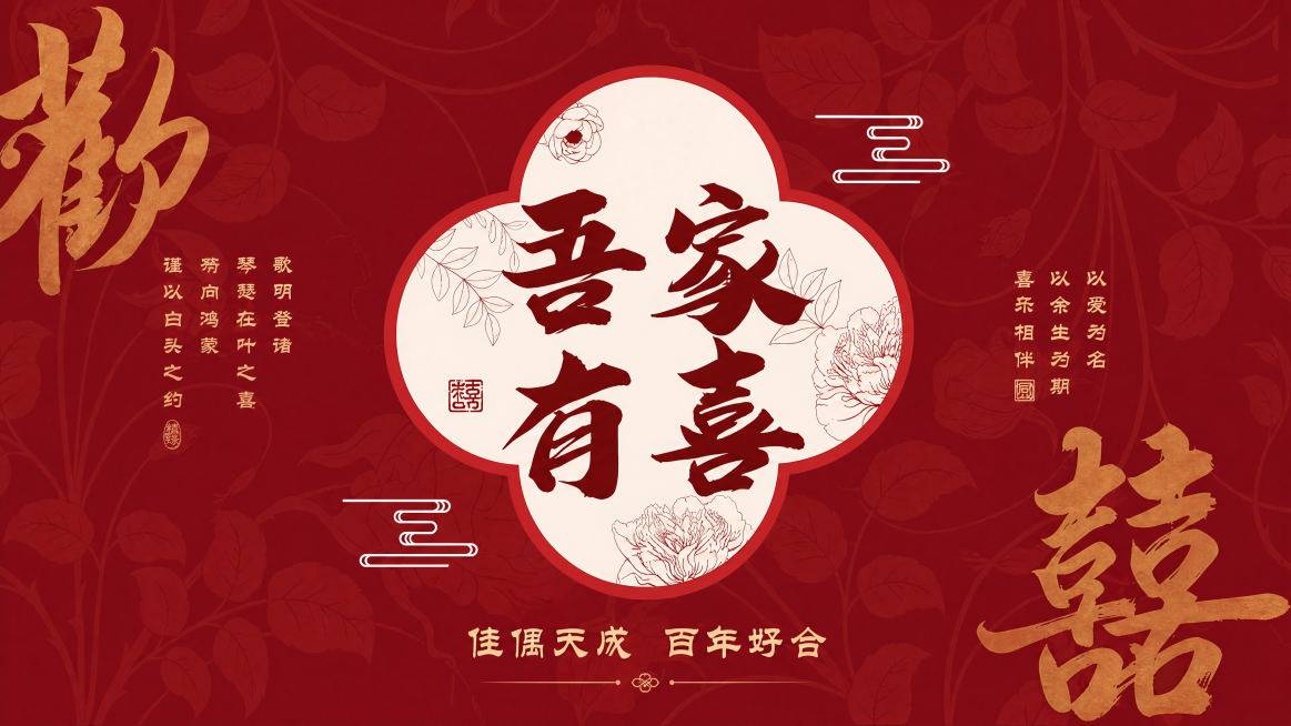 提取这张图片中电视屏幕内的设计，单独生成这个设计内容，保留所有文字和图案，只保留屏幕内的吾家有喜婚礼背景画面，去掉外部客厅、家具等环境，保留原图的设计风格和文字预览效果
